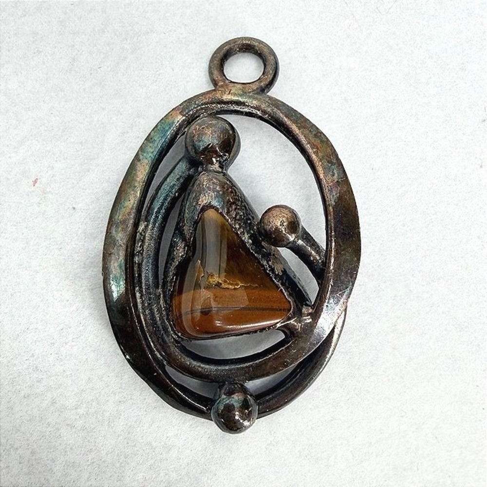 Tigers Eye Pendant Stone Brutalist Abstract Silver Tone Organic Tribal Modernist